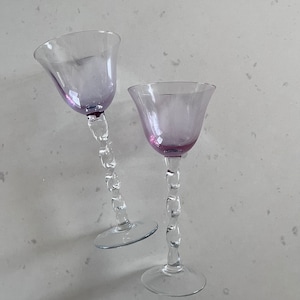 Tall Pink Glass Wine Goblets - Clear Twisted Stem - Hand Blown Glass - Mid Century - Fabulous