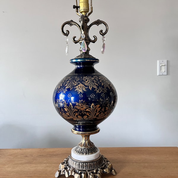 Hollywood Regency Blue Glass Lamp - Hand Painted Gold Botanical Motif - Ornate Brass and Marble Details - 4 Hanging Crystals - Mid Century
