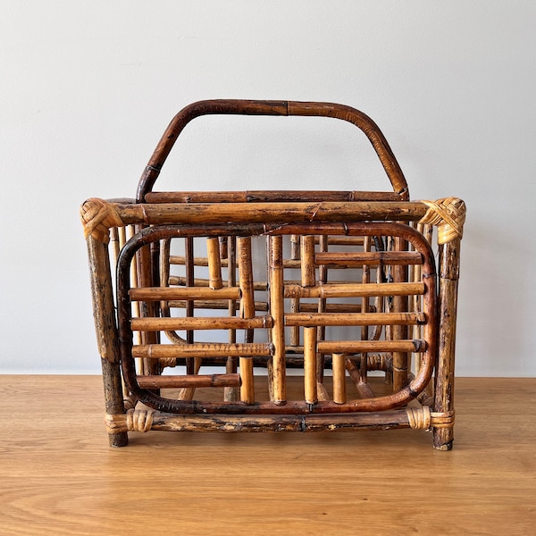 Boho Burnt Bamboo Rattan Magazine Newspaper Rack Holder Rustic Decor 1970s