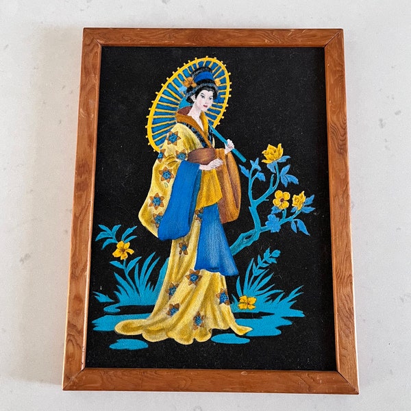 Geisha vintage peinte à la main avec parasol sur feutre noir - Cadre en bois - MCM