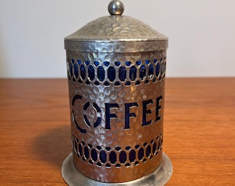 Vintage Condisco Silver Plated Coffee Canister: Cobalt Blue Liner, Hammered Design