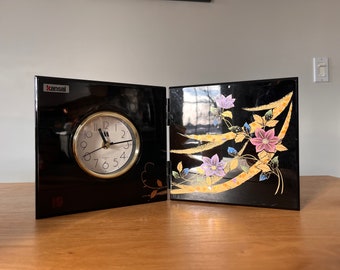 Vintage Kansai Black Lacquer Folding Clock - Gold & Purple Floral Design - 1970s Asian Decor - Shelf Office Desk Mantle