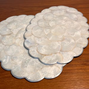 White Capiz Shell Oval Placemats w Scalloped Edge -  Set of 2 - Boho Tableware - Beach Vibes - Ocean Decor