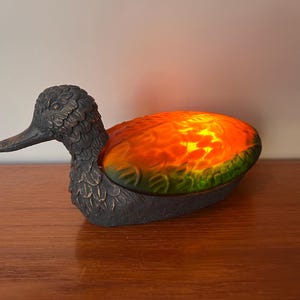 Bronze and Glass Mallard Duck Lamp - 1980s - Amber and Green Art Glass - Rustic Cabin Decor - Night Light - Man Cave