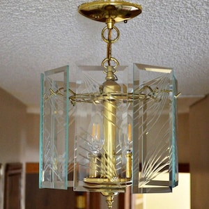 Brass and Glass Sciolari Style Chandelier - Hand Cut Beveled Edge Glass Panels - 3 Lights - 8 Panels - 1980s Ceiling Light Fixture