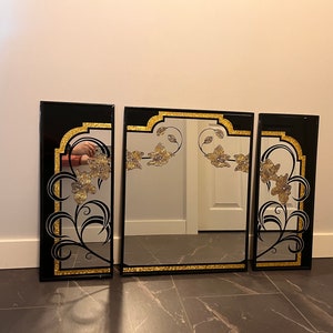 Vintage 80s Post Modern Etched Triptych Mirrors - Black and Gold Flowers - Set of 3 - Hollywood Regency