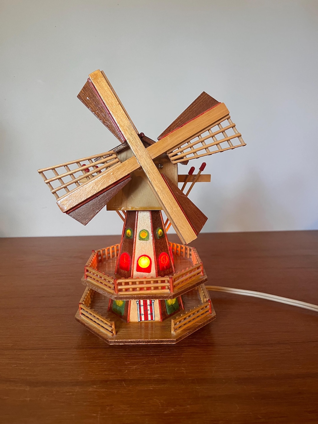 Vintage Wooden Windmill Night Light and Music Box - Light up - Rotating ...