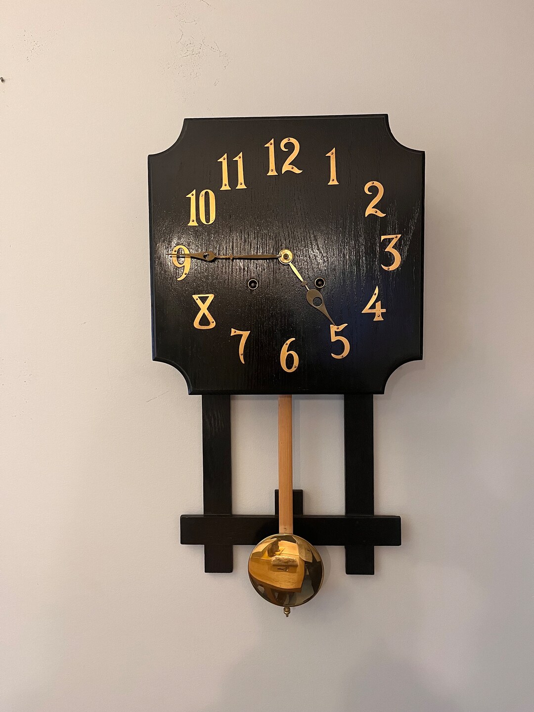 Antique Mission Arts & Crafts Wall Clock Pendulum Brass Details Key