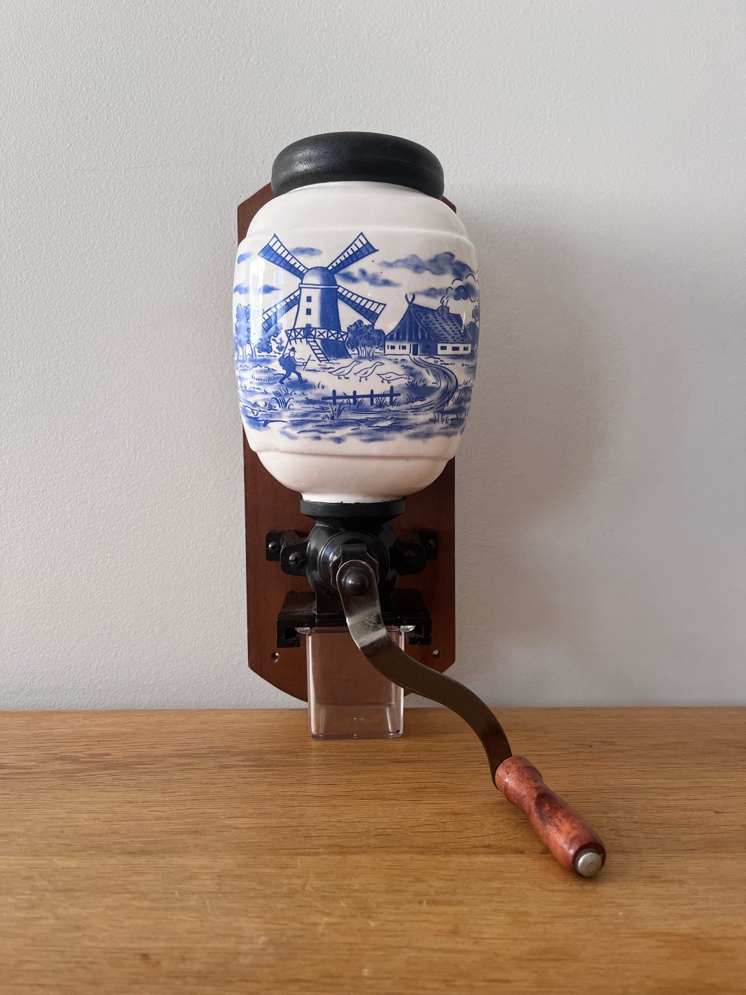 Vintage Dutch Coffee Mill With Blue Delft Ceramic Canister Etsy