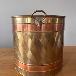 Hammered Brass Planter: Copper Bands & Lion Head Handles - Rustic Boho Decor