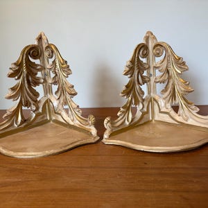 Vintage Hollywood Regency Corner Shelves - Set of 2 - Ornate Brushed Gold Wall Shelves - Made in Italy