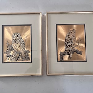 Vintage Framed Dufex Foil Prints - Set of 2 - Owl and Eagle - Artist Claire Louise Wilson - Gold Foil Prints - Bird Wall Decor - 1980s Decor