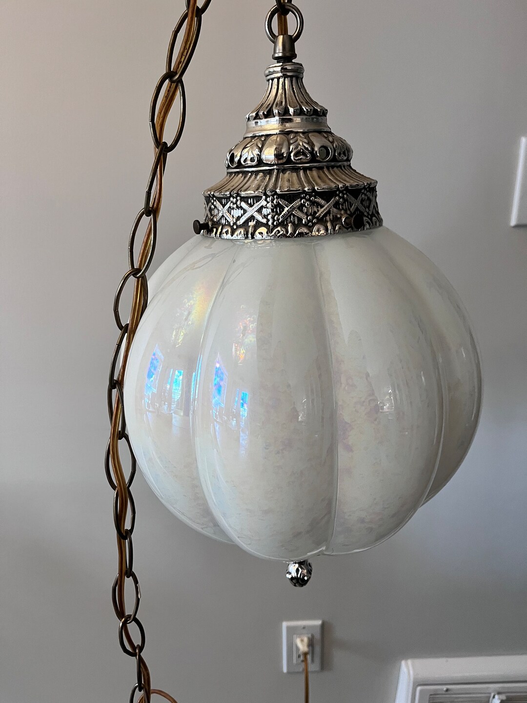 Mid Century Modern Swag Lamp - Iridescent Glass Globe - Ornate Silver ...