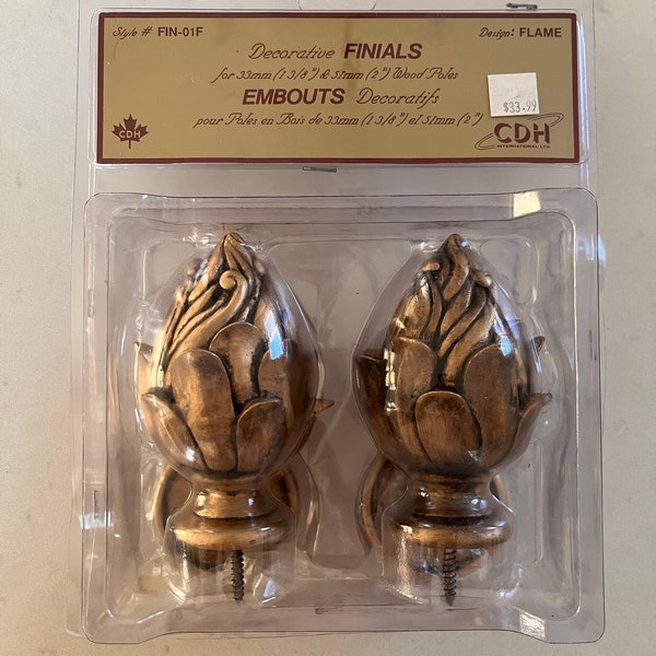 Set of 2 Brushed Gold Acorn Flame Finials - Drapery Rod Ends - New in Box - Curtain Pole Ends - Chateau Chic- Pinecone Shaped- 1980s