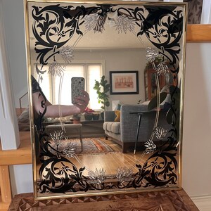 1980s Post Modern Art Glass Mirror Black and Gold Etching Baroque Design Brass Frame image 2