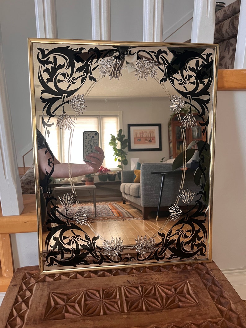 1980s Post Modern Art Glass Mirror Black and Gold Etching Baroque Design Brass Frame image 2