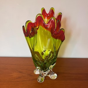 Vintage Murano Style Ruffled Glass Vase - Green Red Art Glass Centerpiece - Mid Century Modern Decor