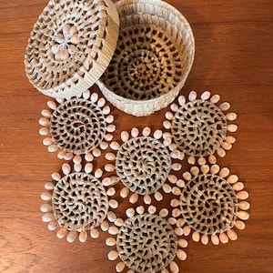 Vintage Raffia and Cowrie Shell Coasters - 6 Coasters with Caddy - Ocean Decor - Beach Vibes - Hand Made
