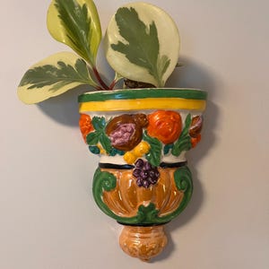 Puede incluir: Un macetero de pared de cerámica con un diseño floral verde, amarillo, naranja y marrón. El macetero tiene un borde festoneado y una base decorativa. Una pequeña planta con hojas verdes y amarillas está creciendo en el macetero.