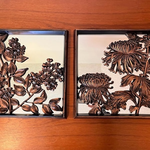 Coppercraft Guild - Vintage Wall Mirrors - Set of 2 - Square - Molded Resin - Copper Colour - Raised Floral Relief - 1970s Decor