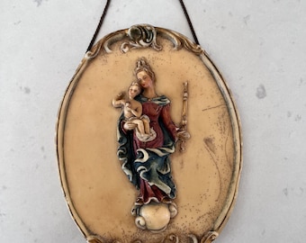 Rare Madonna and Child Wax Plaque Christmas Decor - West German Wax - Hand Painted - Vintage