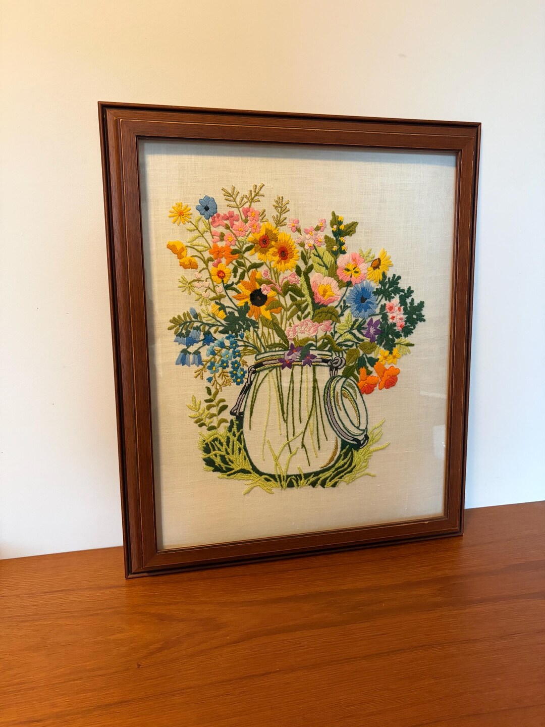 Vintage Crewel Embroidery Wall Art - Wild Flower Bouquet - 1970s Framed ...