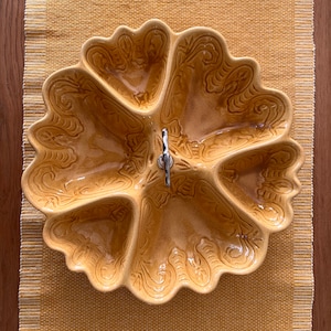 Maddux of California Pottery - Divided 6 Section Dish w Handle - Yellow Ceramic Serving Tray - MCM Entertaining - Mid Century Serviceware