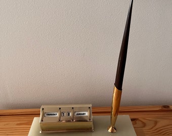 Vintage Marble Sheaffer Desk Set -  Gold Tone Pen Holder & Perpetual Desk Calendar on White Marble Base - MCM Office Decor