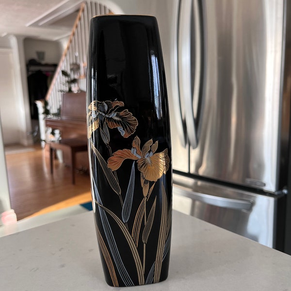 1980's YAMAJI Vase - Black with Gold and Silver Iris and Dragonfly - Made in Japan- Rectangular