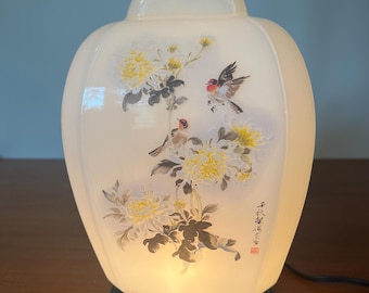 Vintage Hand-Painted Ginger Jar Lamp: Chrysanthemums & Birds - Mid-Century Mood Lighting
