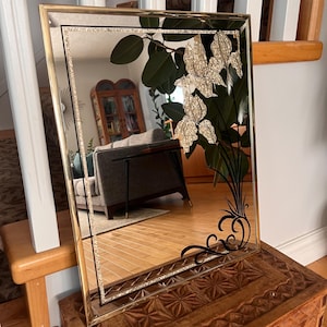 Vintage Floral Etched Mirror: Post Modern Gold Metal Flake, Brass Frame
