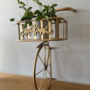 Vintage Hanging Metal Bicycle Planter -  Gold with Wheel, Basket, and Handle Bars, Wall Mounted - Bicycle Lovers Gift - Patio Porch Fence