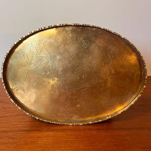 Vintage Solid Brass Oval Asian Tray - Etched Design - Asian Figures - Vanity Tray - 10&quot;x7&quot; - Asian Decor