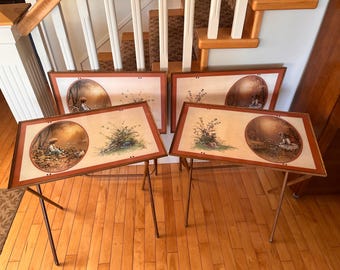 Vintage 1980s TV Trays Set of Boy Fishing Girl Flowers  Cottagecore Decor