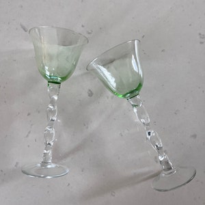 Tall Green Glass Wine Goblets - Clear Twisted Stem - Set of 2 - Hand Blown Glass - Mid Century - Fabulous