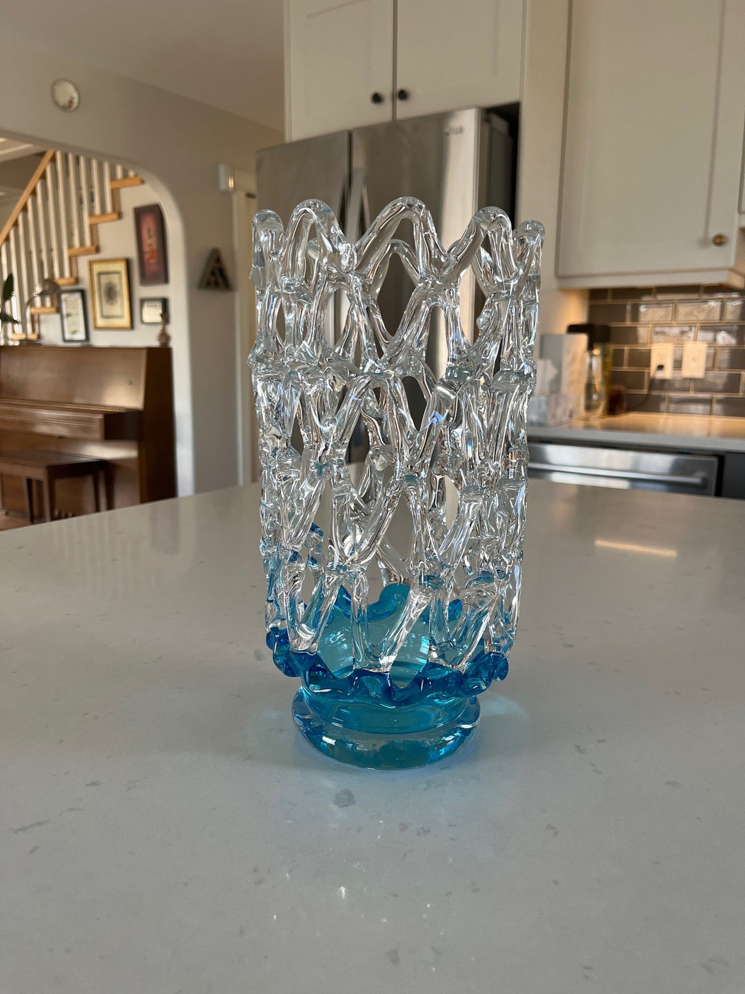 Hand Blown Glass Lattice Vase Murano Style Lattice Openwork Italian Art
