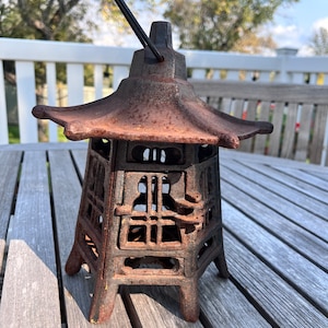 Vintage Japanese Cast Iron Lantern, Tsuridoro, Hexagonal Shape - Heavy Pagoda Garden Tea Light Holder, Garden Patio Decor - Rustic Decor