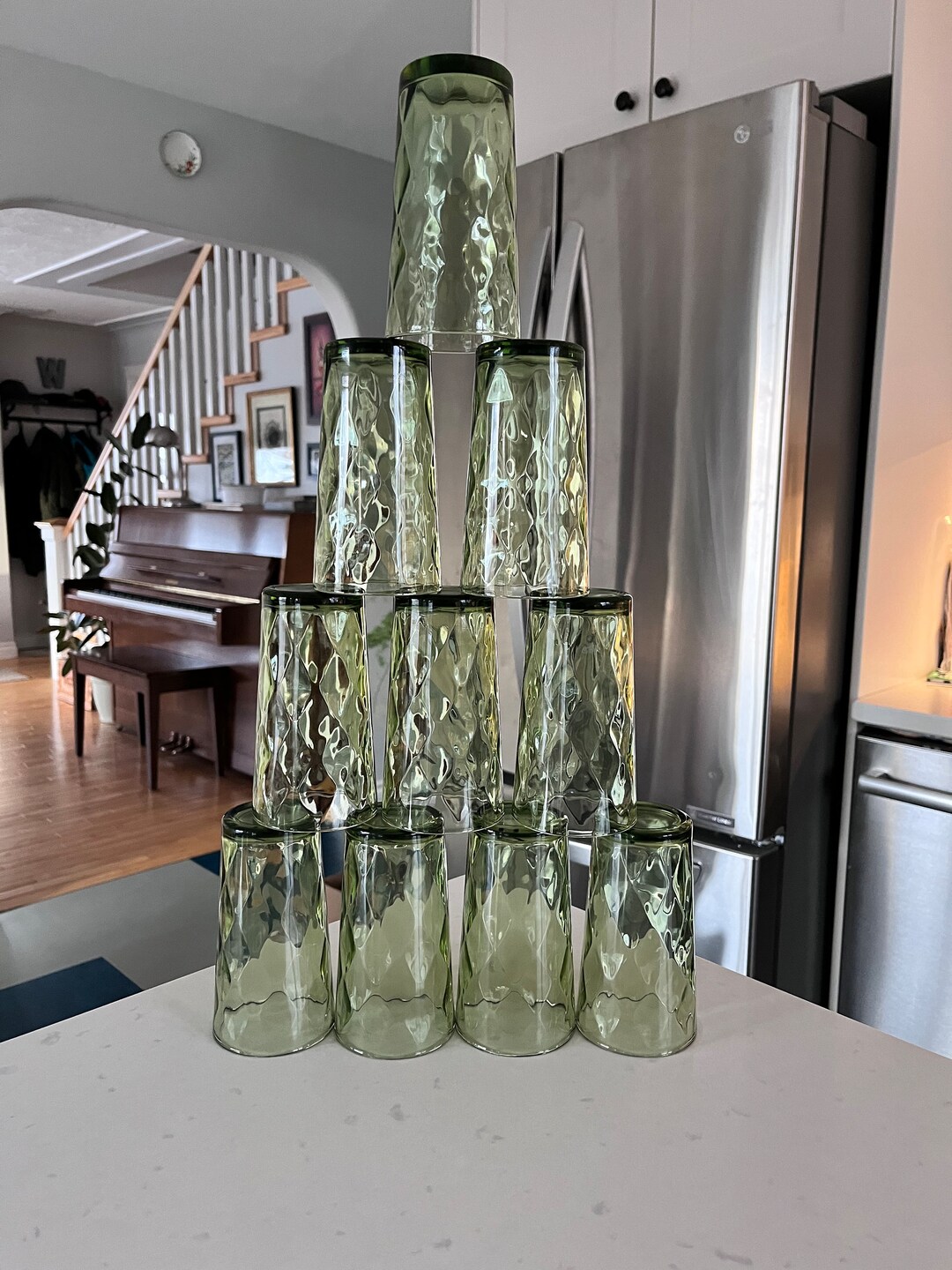 Vintage 1970s Hazel Atlas Green Diamond Optic Drinking Glasses Etsy