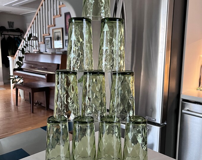 Vintage 1970s Hazel Atlas Green Diamond Optic Drinking Glasses Set of