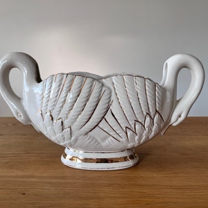 Vintage Ceramic Double Swan Planter - Cream w Gold Detail - MCM Swan Plant Pot -
