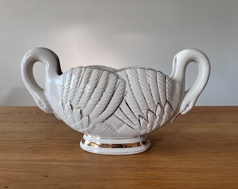 Vintage Ceramic Double Swan Planter - Cream w Gold Detail - MCM Swan Plant Pot -