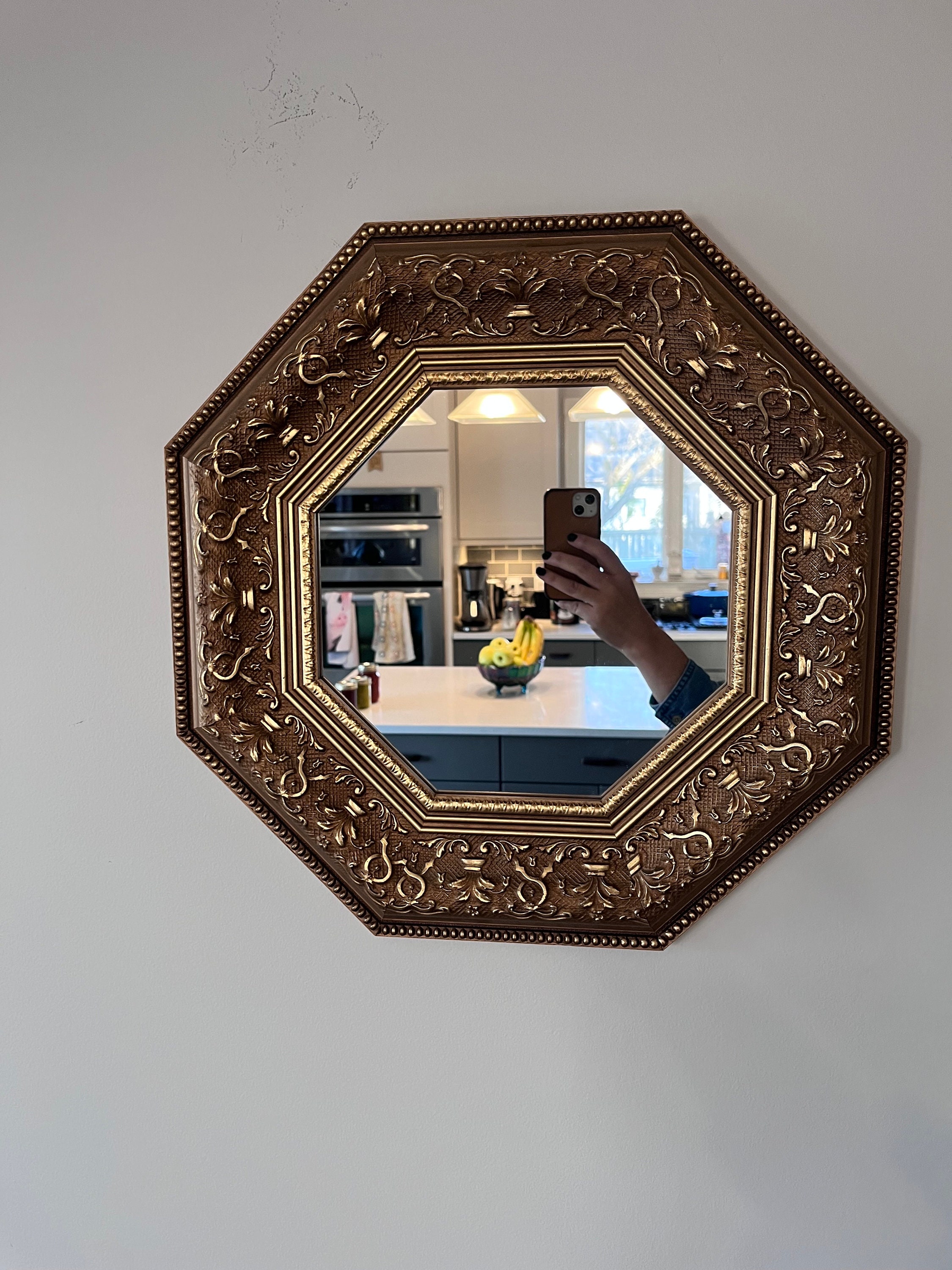 Octagonal Mirror With Wide Ornate Gold Frame - Wall Mirror