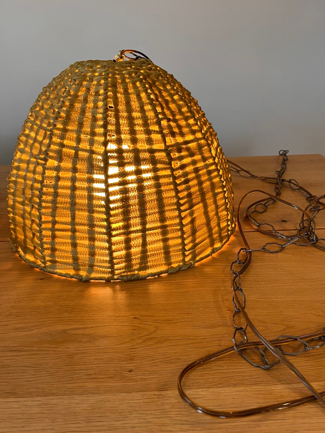 Vintage Olive Green Woven Swag Lamp Pull String 1970s Woven Acrylic