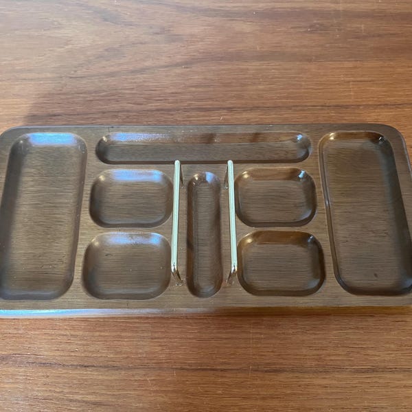 Cómoda de madera de mediados de siglo - Organizador de bandeja de mayordomo vintage - Portacartas - Cómoda para hombre