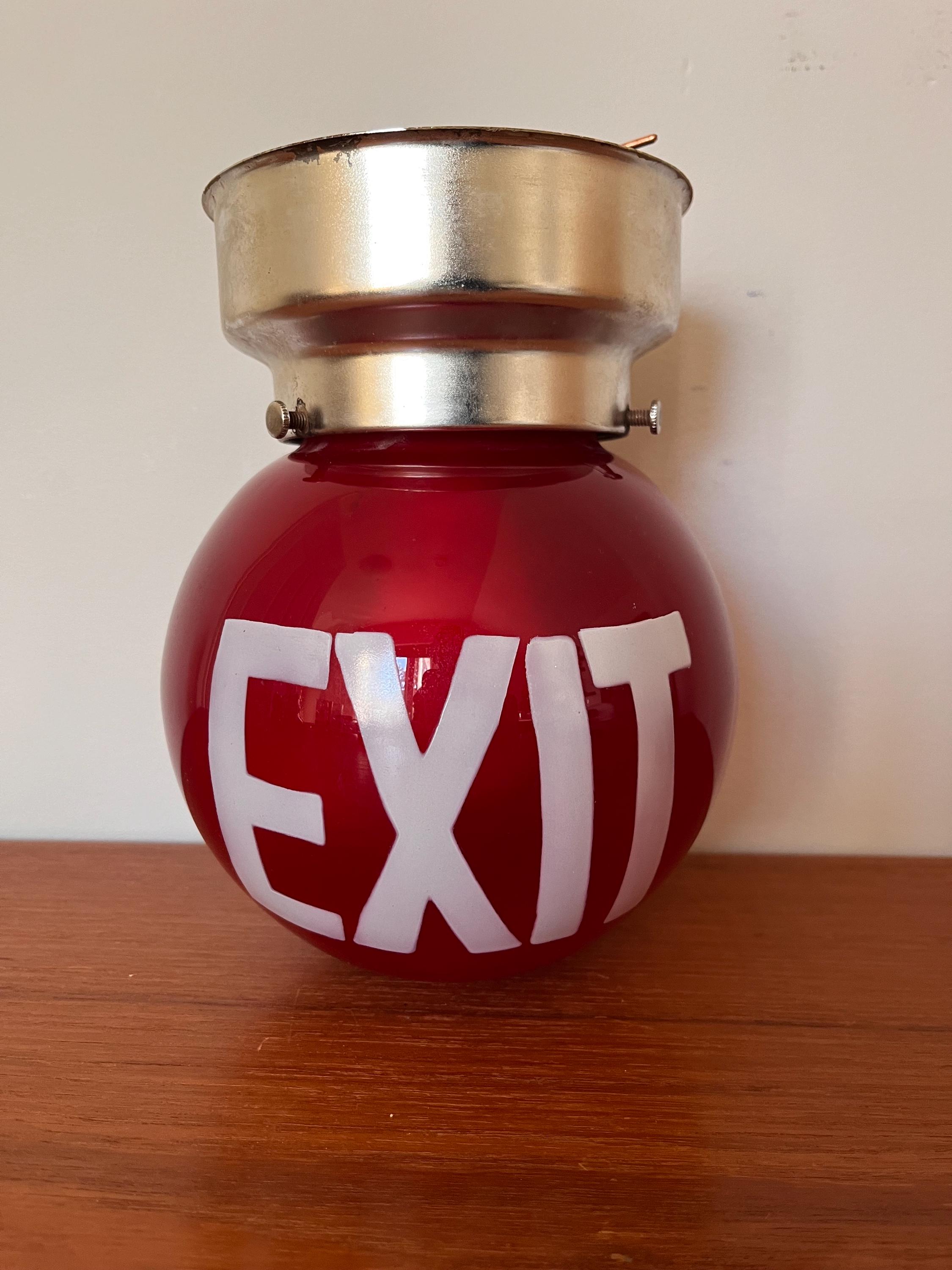 Vintage Red Glass EXIT Fixture - Antique EXIT Sign - Sphere Shaped 