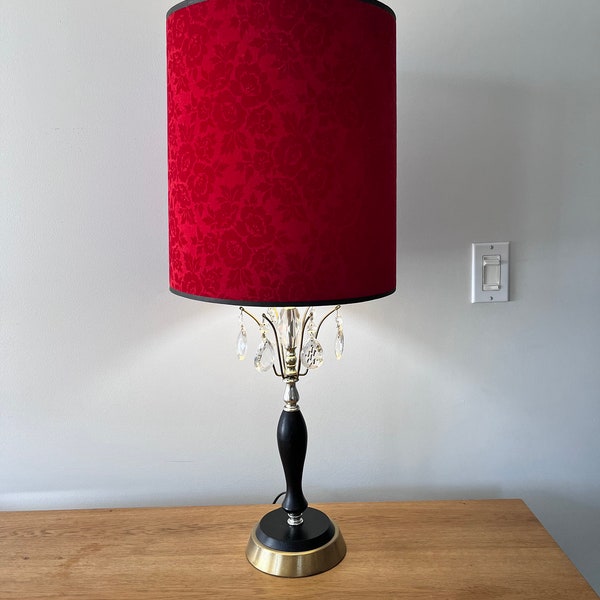 Vintage MCM Table Lamp |  Red Velvet Shade |  Floral Embossed |  Black Wood Neck | Brass Base |  Hanging Clear Crystals | Hollywood Regency