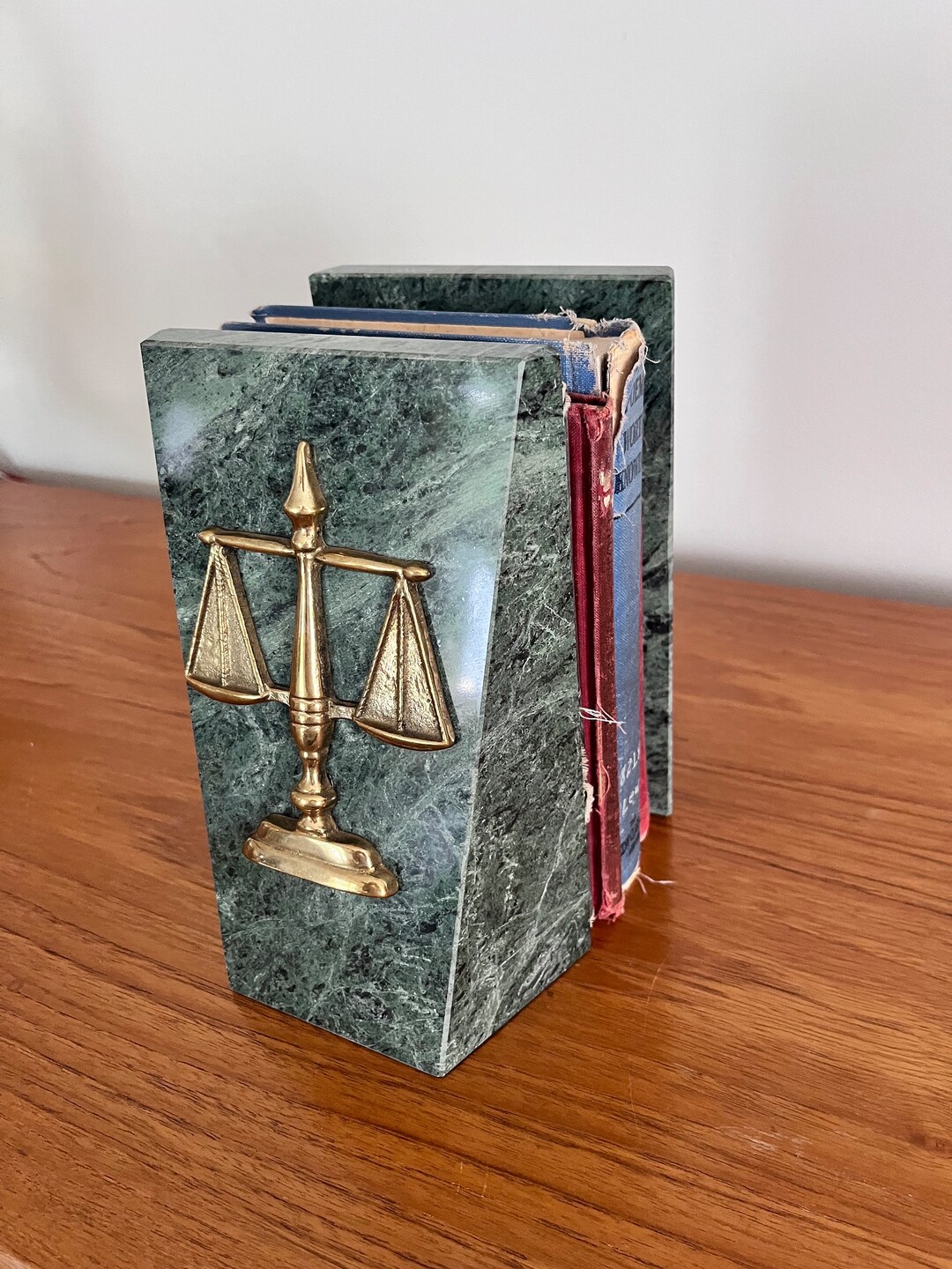 Green Marble and Brass Scale of Justice Bookends, Lawyer Attorney