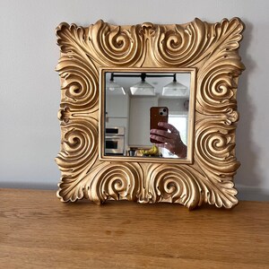 Square Baroque/Rococo Gold Mirror - C  Scroll Design- Ornately Carved - Hollywood Regency