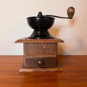 Vintage Wooden Box Coffee Grinder with Metal Top - Manual Coffee Grinder - Retro Kitchen Decor