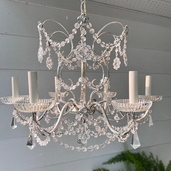Vintage Schonbek Crystal Chandelier - Silver Base - 6 Candle Arms - Mid Century Lighting -  Ceiling Mounted - All Crystals Intact
